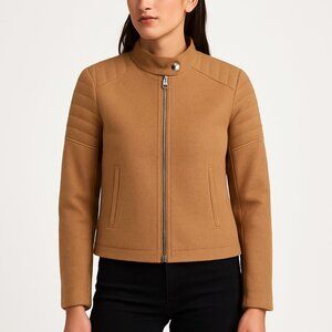 GAP wool moto jacket quilted sleeve structured wool blend camel S Tall